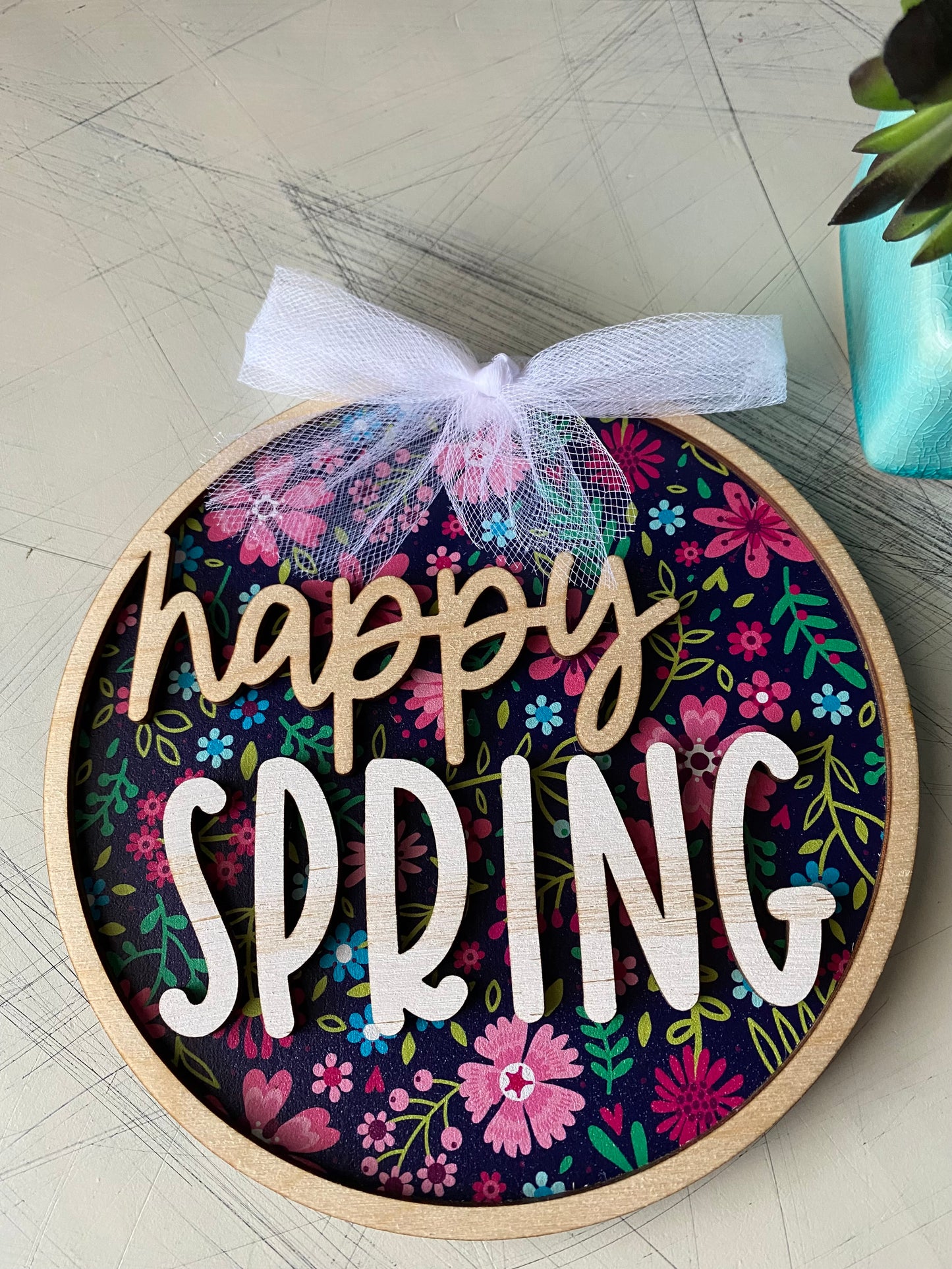 Happy Spring wood round sign