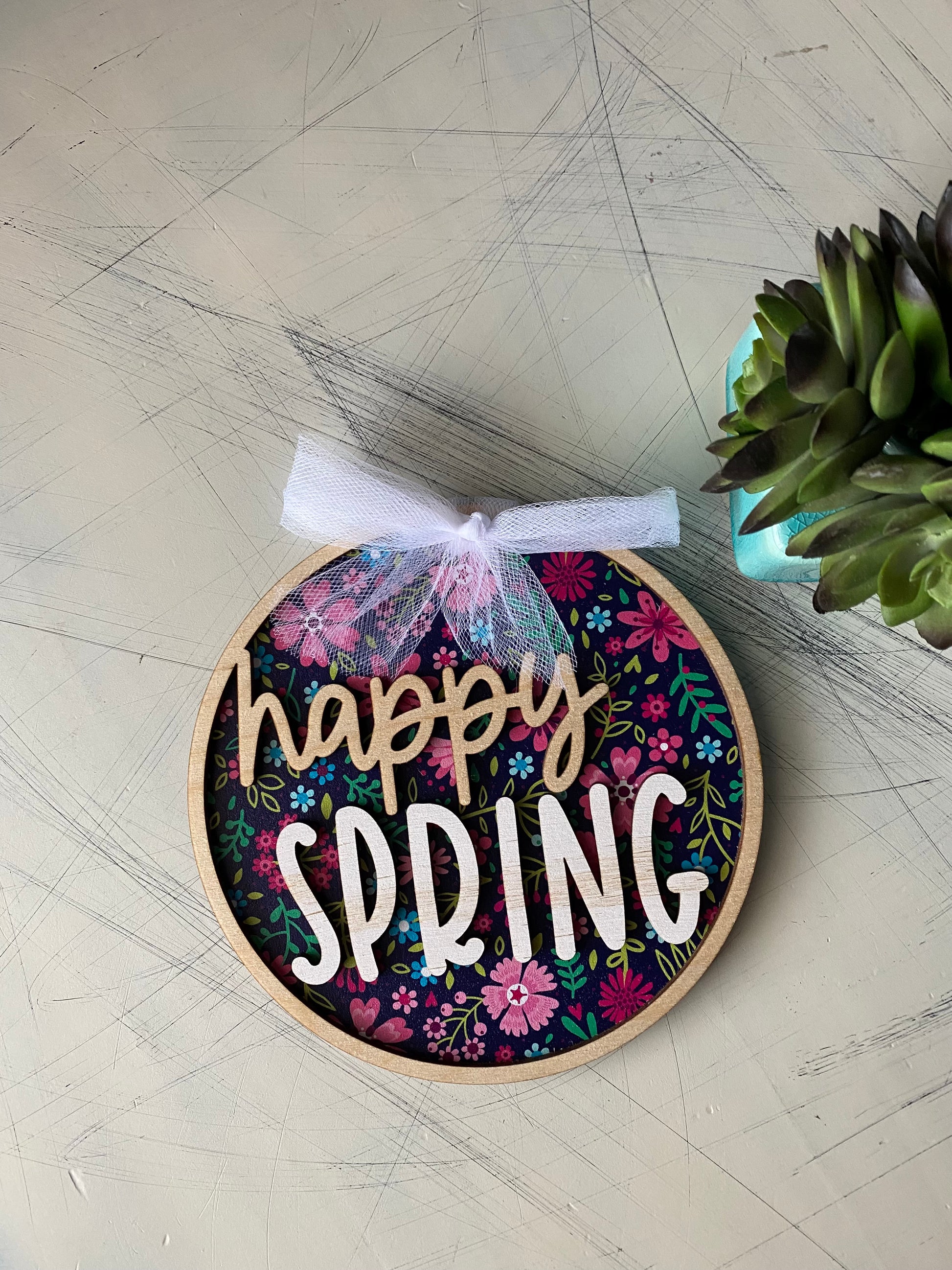 Happy Spring wood round sign