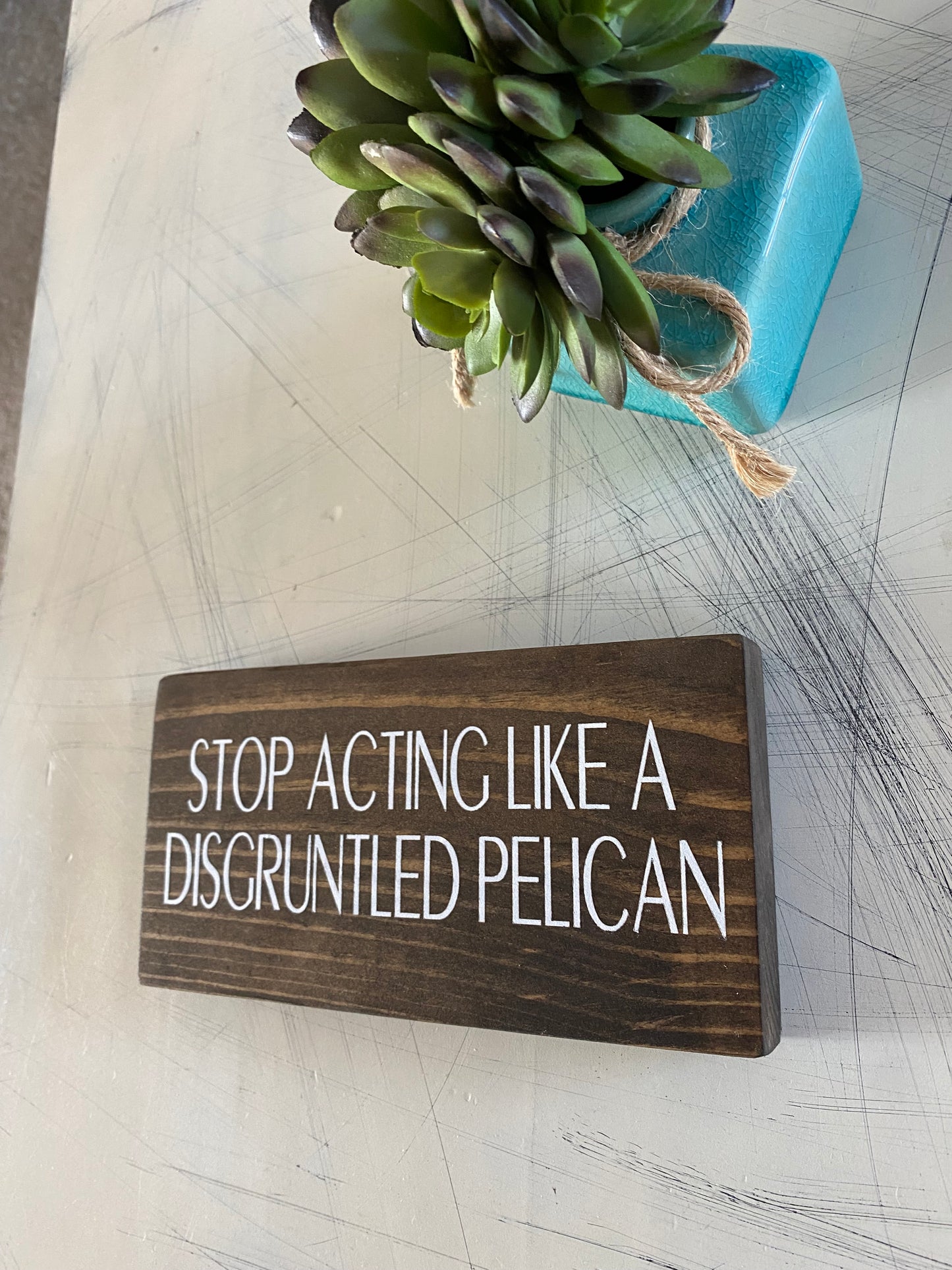 Stop acting like a disgruntled pelican - handmade mini wood sign