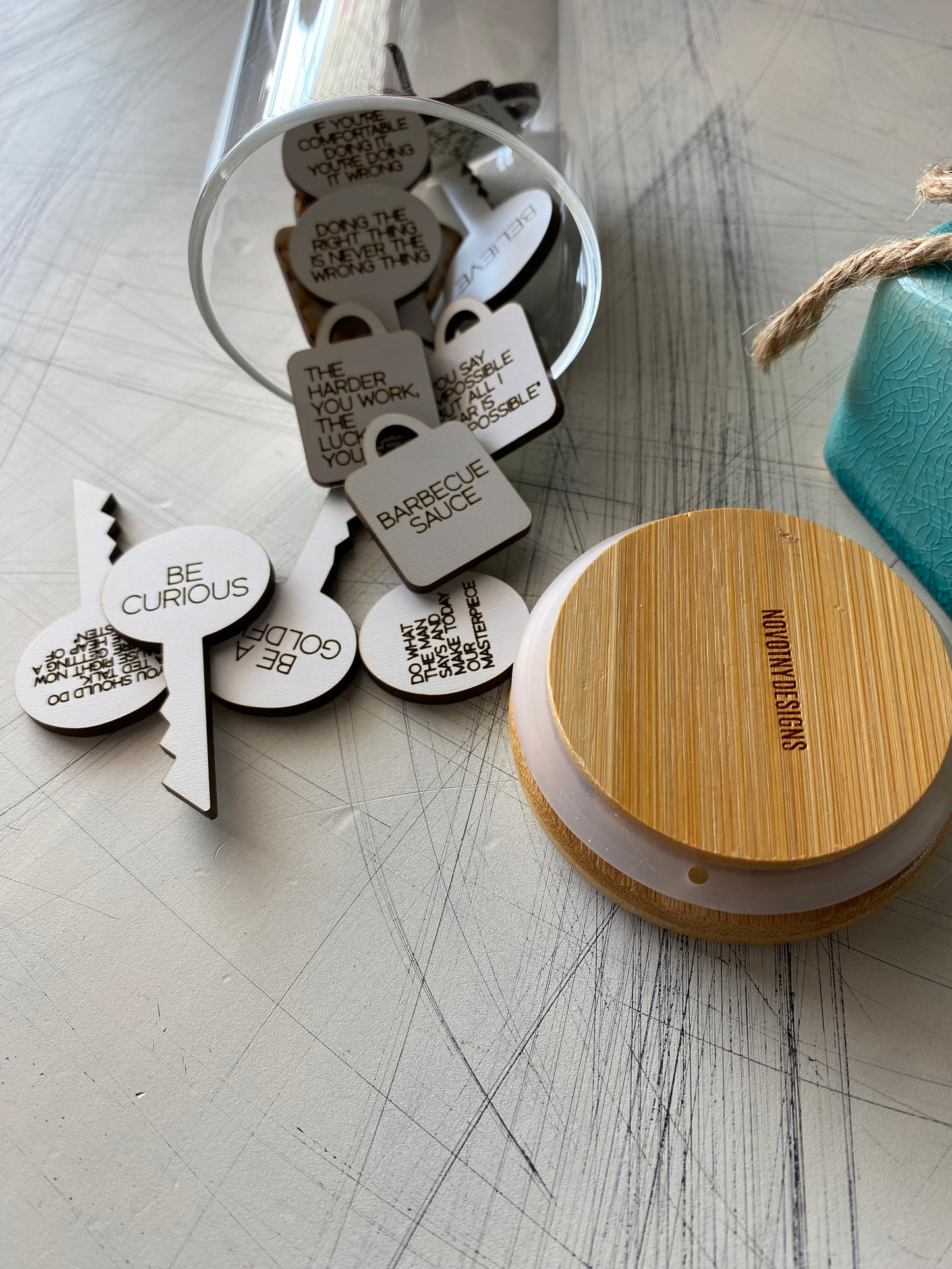 Ted lock and key quote tokens - engraved wood tokens with jar