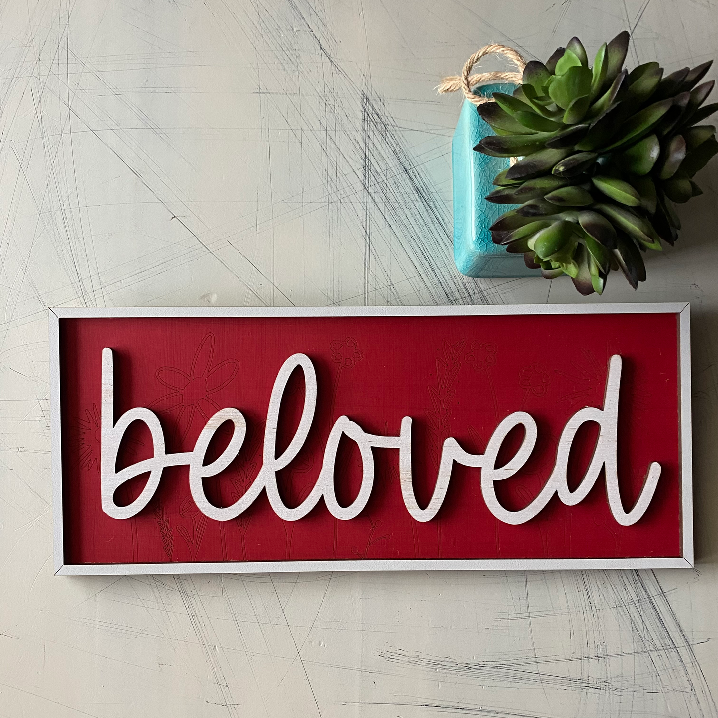 beloved - red and white 3d sign with hand drawn wildflower engraving