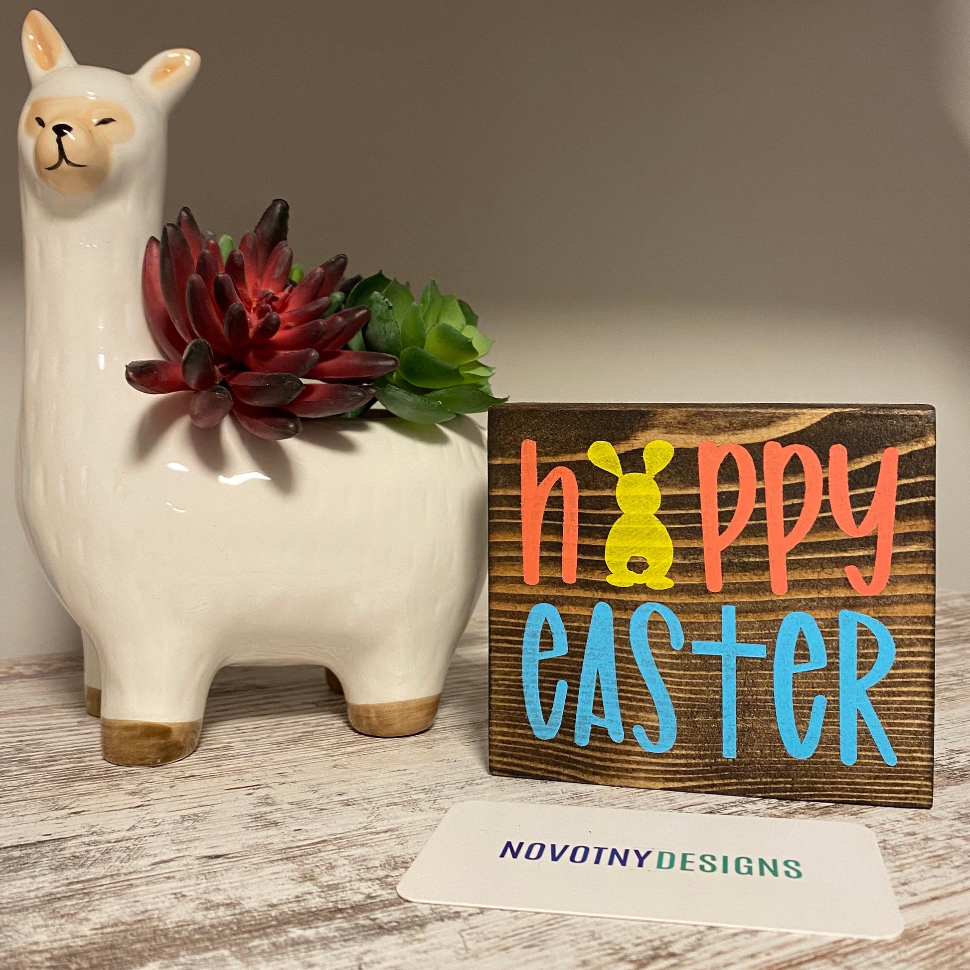 Happy Easter - bunny and cross - handmade mini wood sign