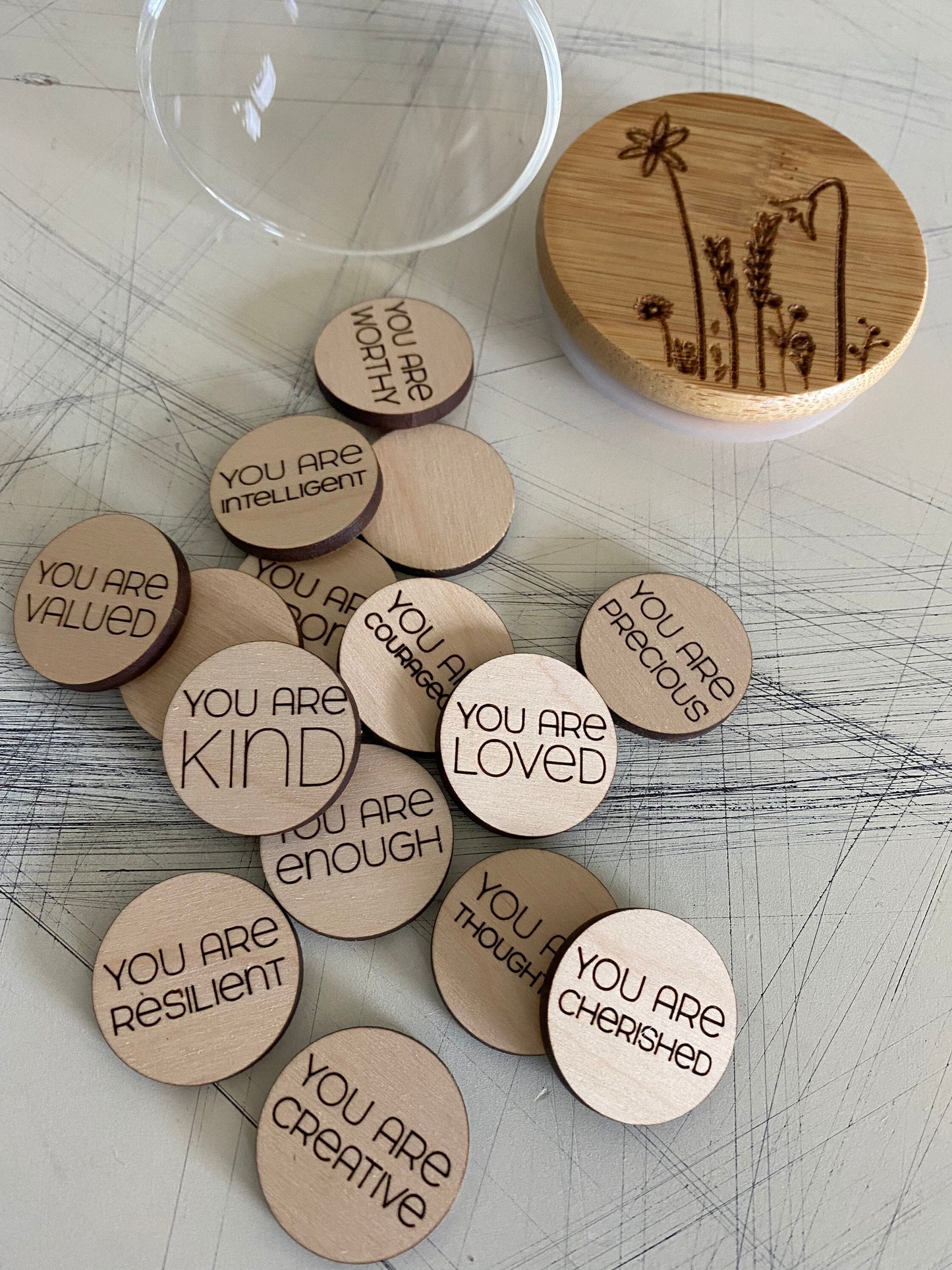 Truths About You positive affirmation token jar - set of 15 engraved wood tokens