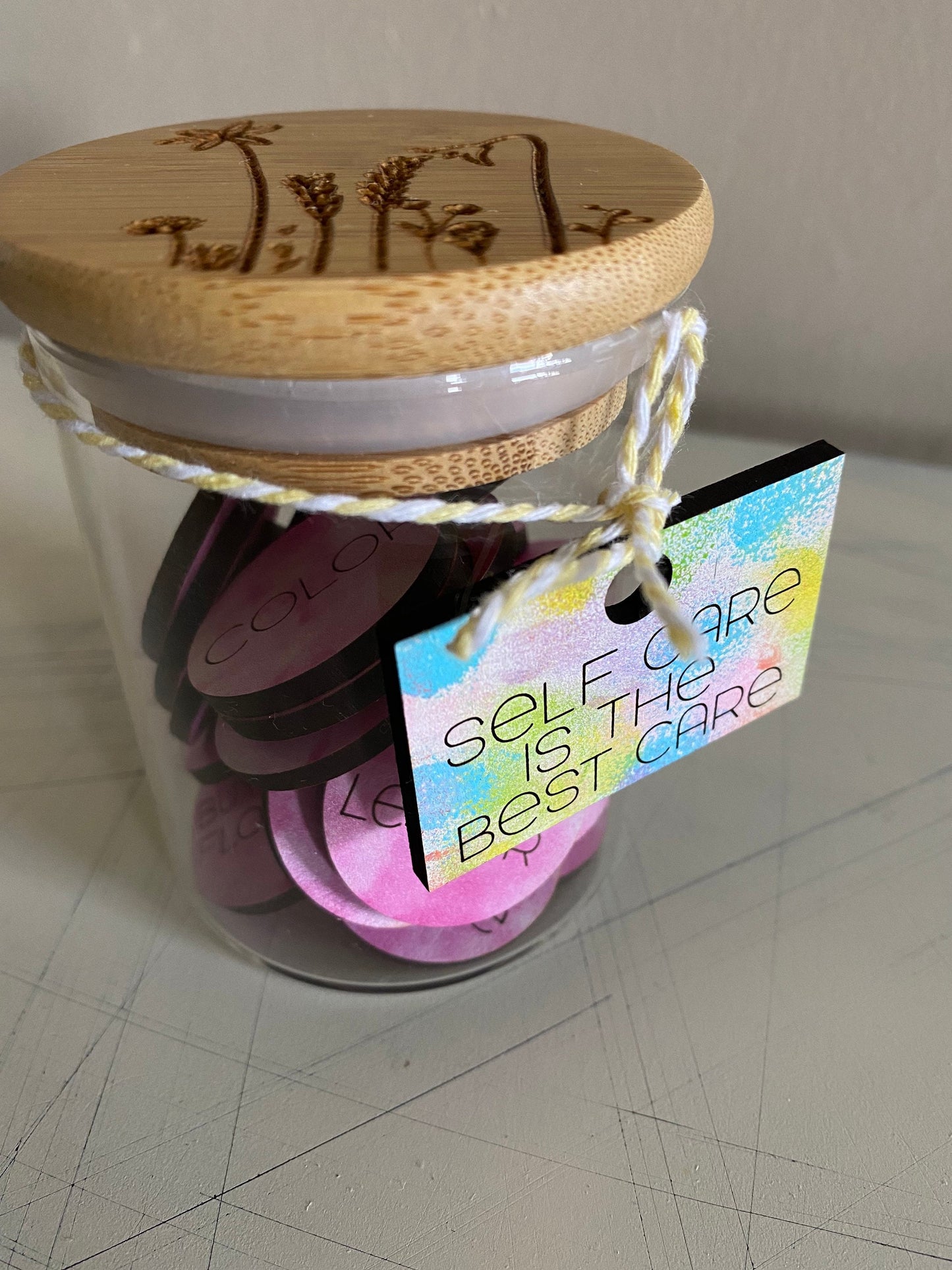 Self care is the best care - set of 25 tokens with engraved token jar
