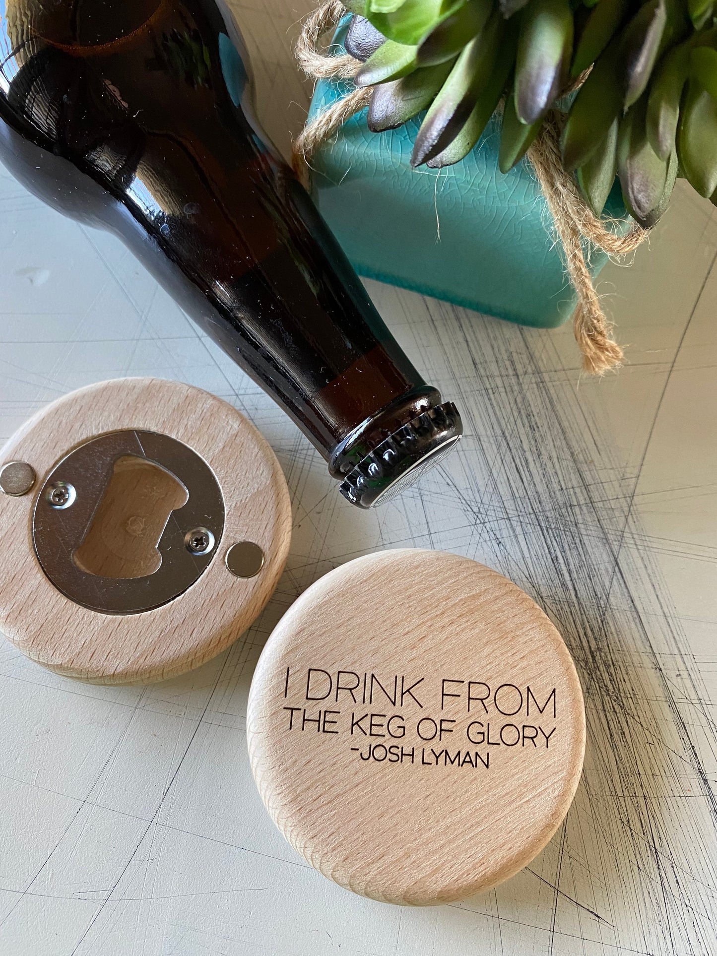I drink from the keg of glory - engraved magnetic wood bottle opener