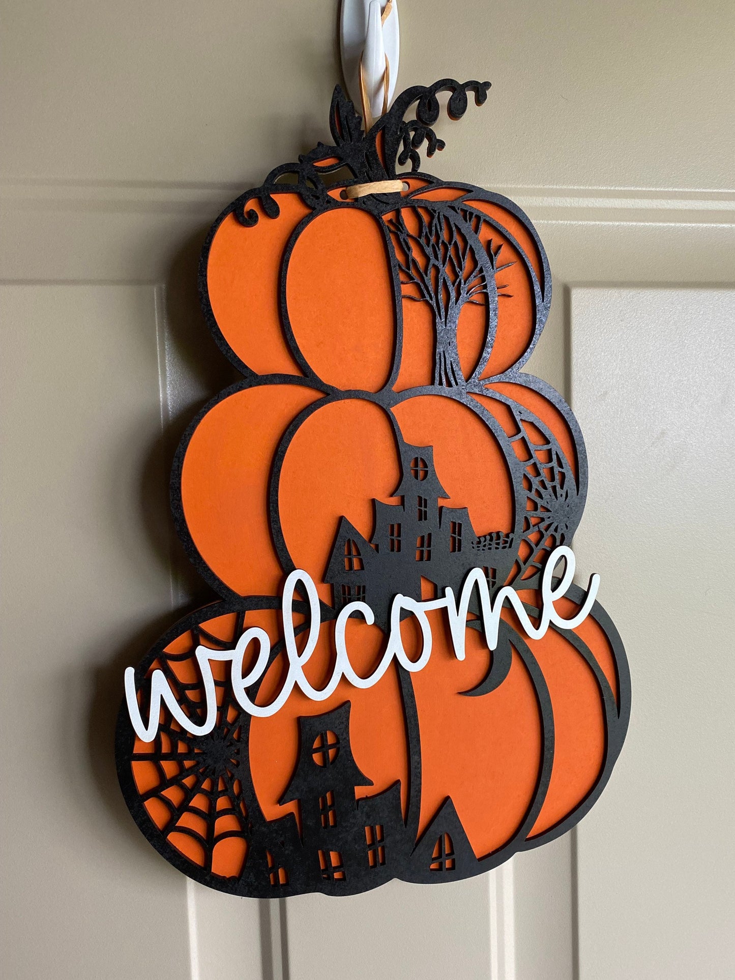 Spooky stacked pumpkins welcome sign - handmade wood door sign