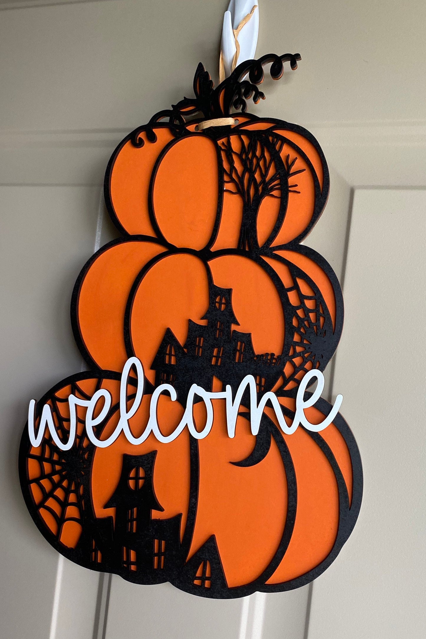 Spooky stacked pumpkins welcome sign - handmade wood door sign