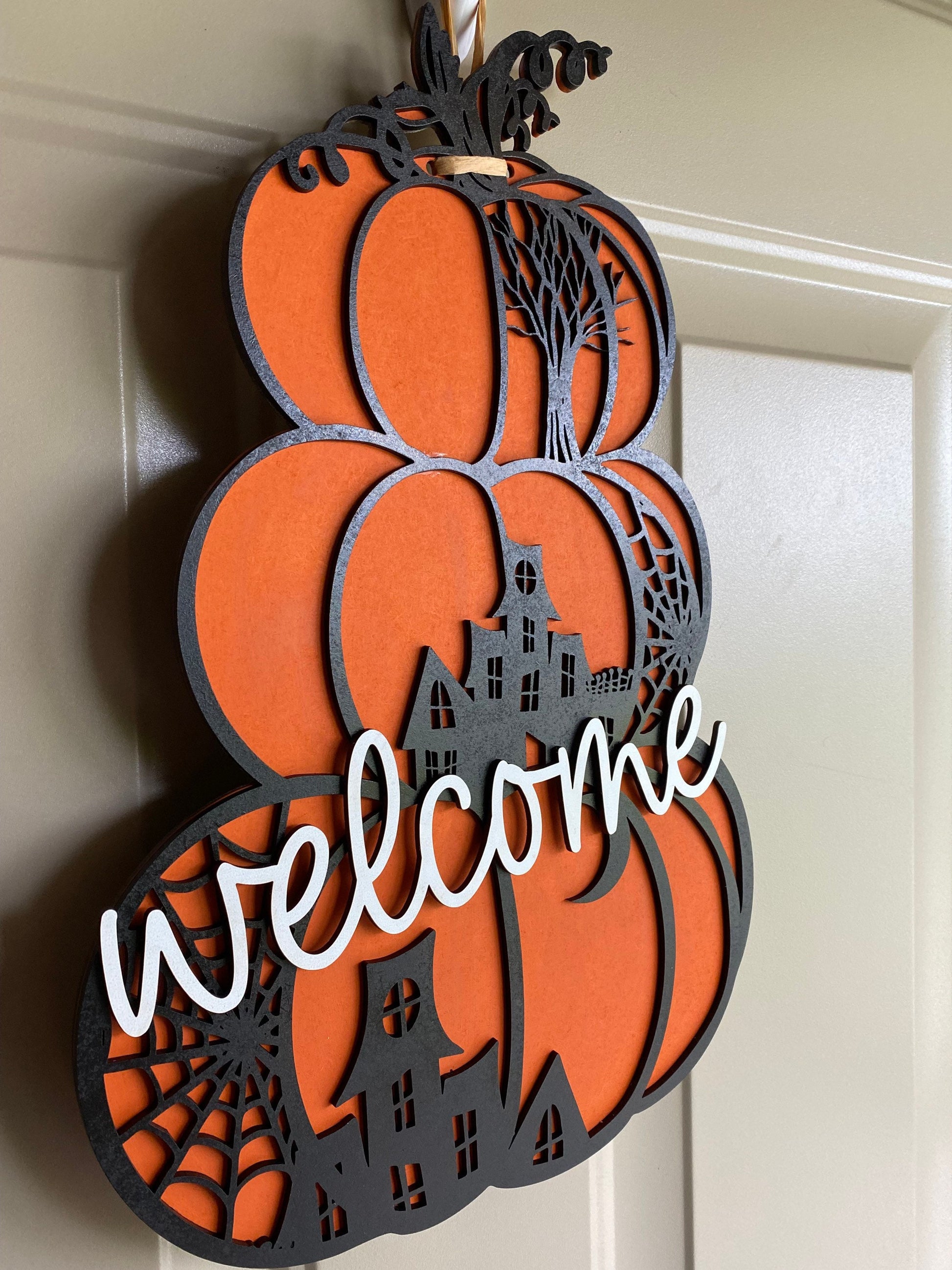 Spooky stacked pumpkins welcome sign - handmade wood door sign