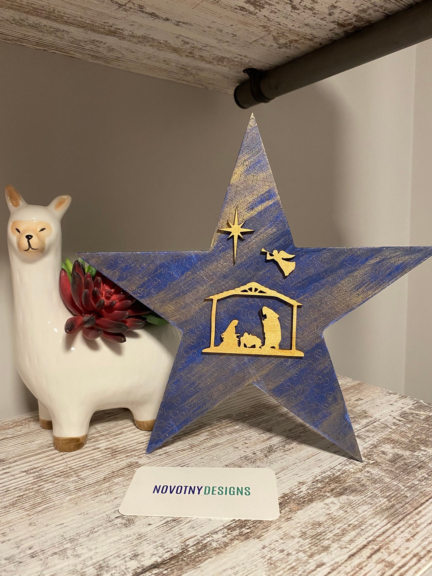 Navy and Gold Nativity Christmas Star - handmade wood sign