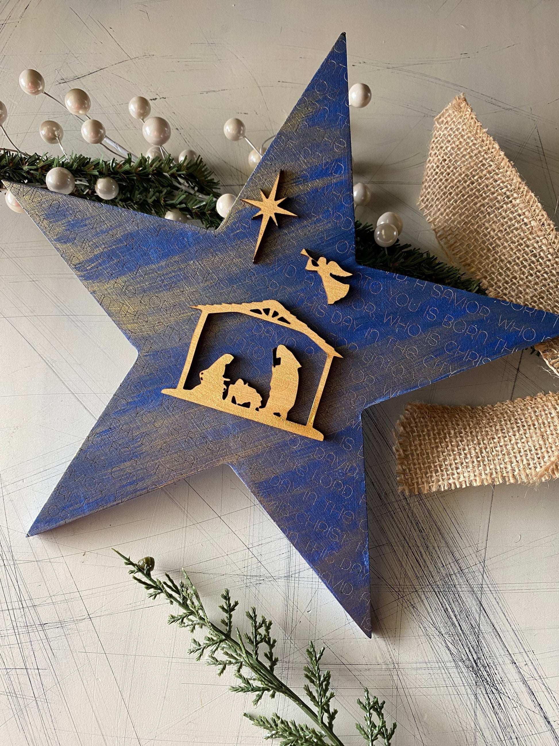 Navy and Gold Nativity Christmas Star - handmade wood sign