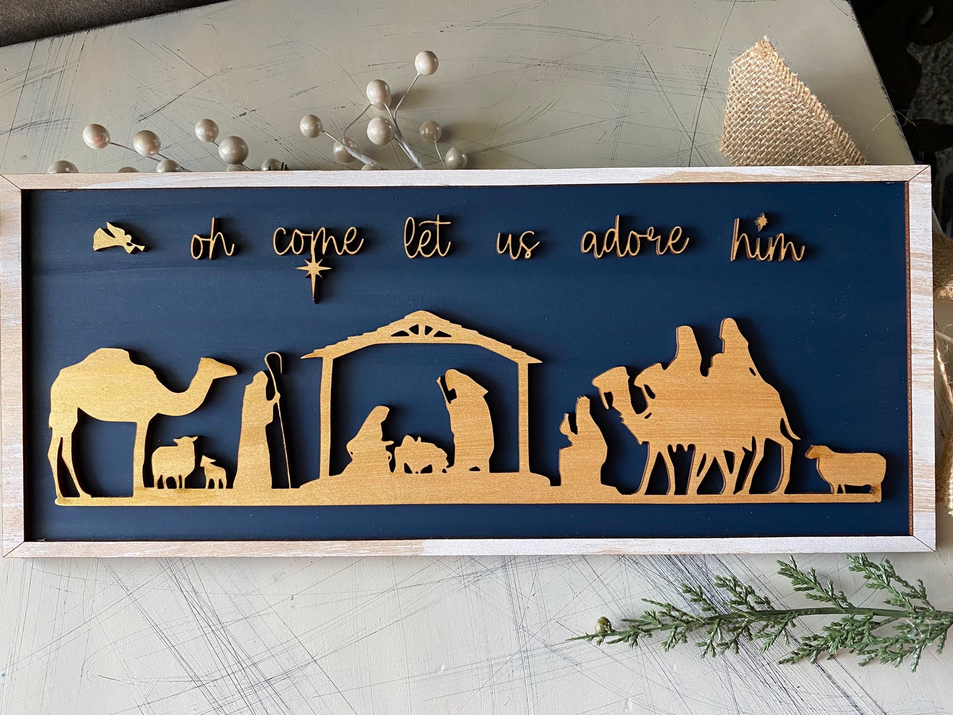 Oh come let us adore him - navy and gold Christmas nativity wood sign