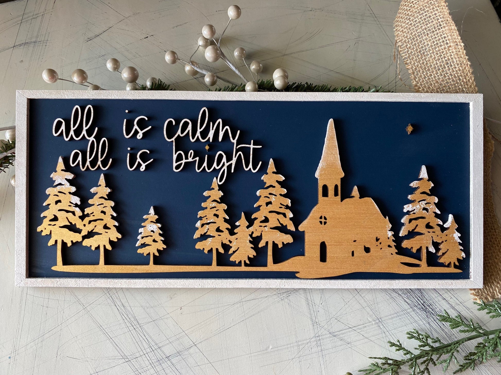 All is calm, all is bright - winter church scene - wood sign