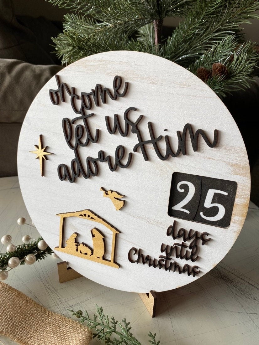 Oh come let us adore Him - Christmas countdown calendar with self-contained numbers - white black gold
