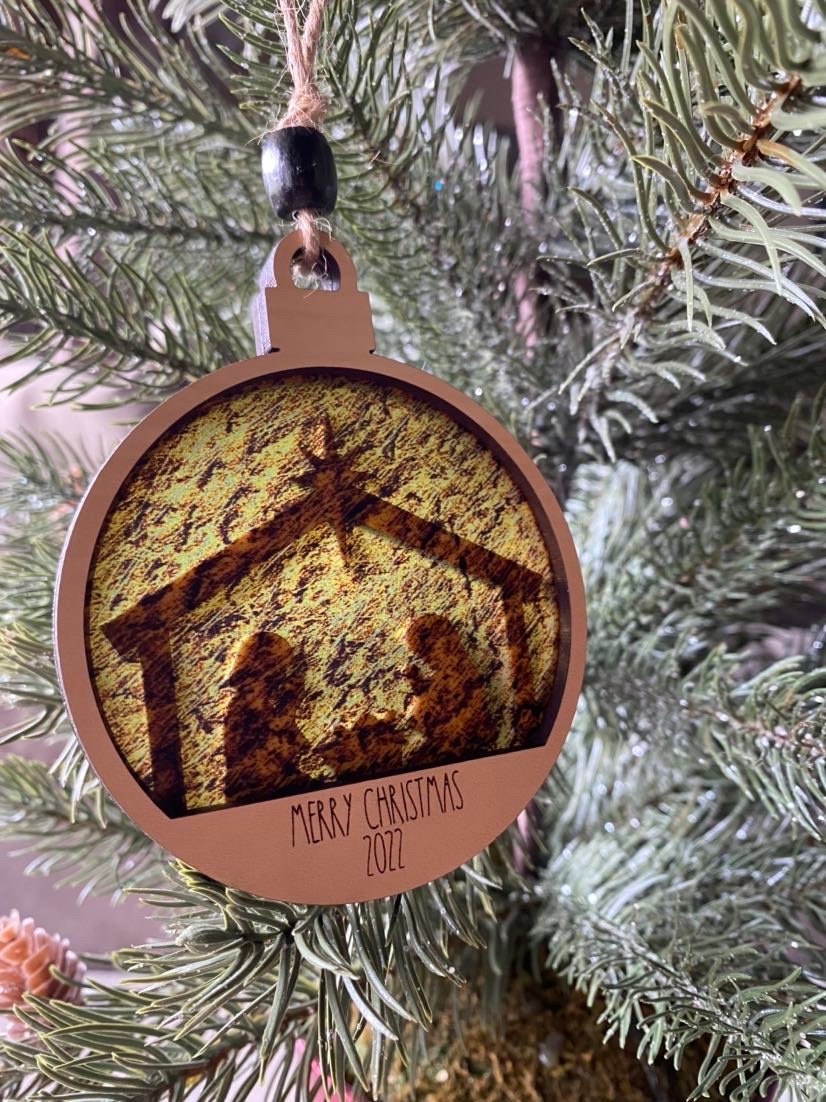 Gold and Natural, transparent Nativity double-sided ornament