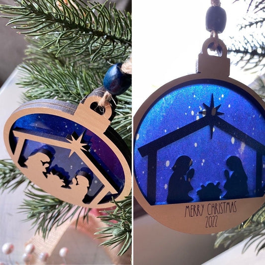 Navy and Natural double-sided nativity ornament - handmade round Christmas ornament