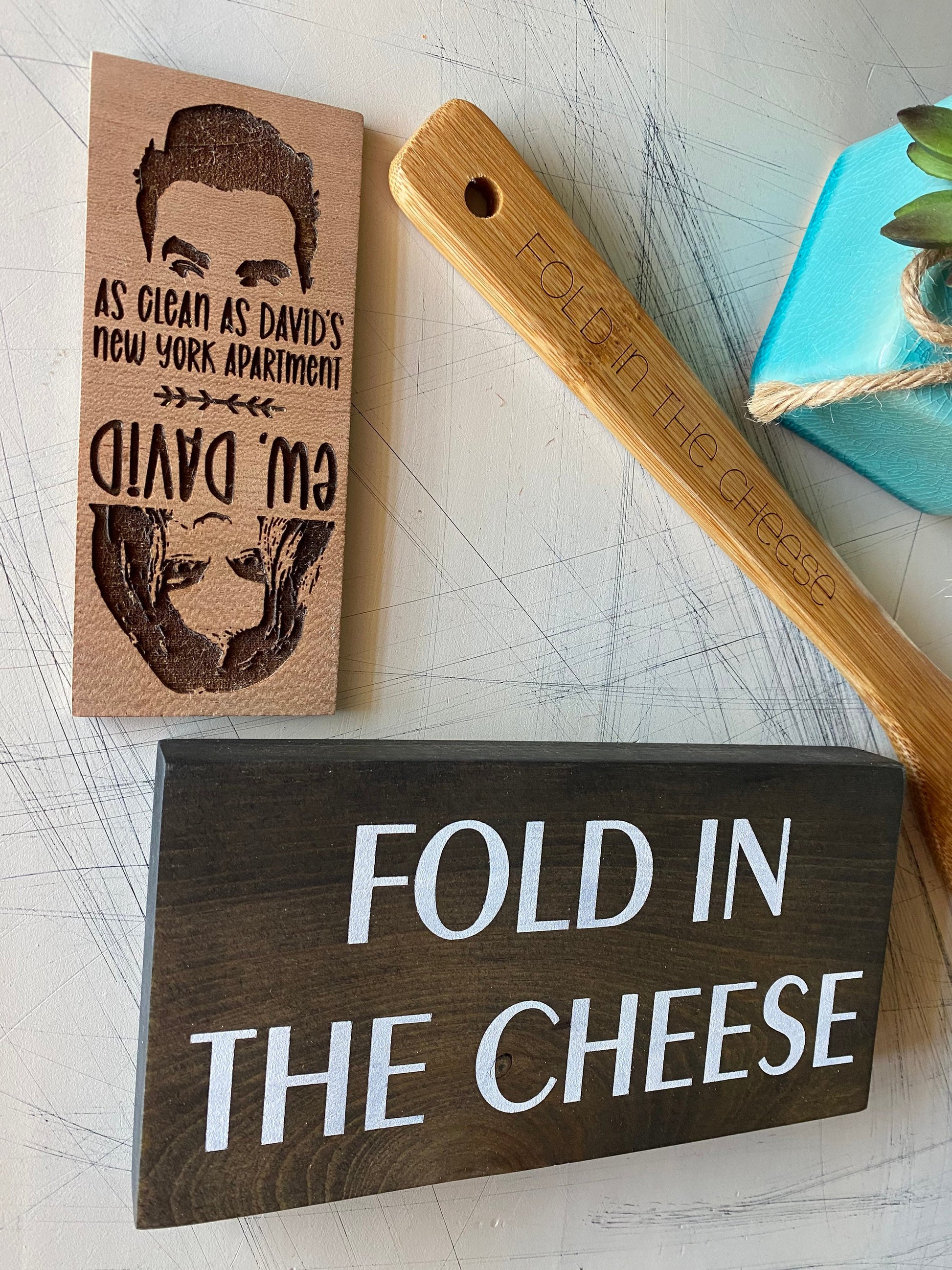 Schitt's Creek kitchen bundle - dishwasher magnet, mini wood sign, bamboo utensil