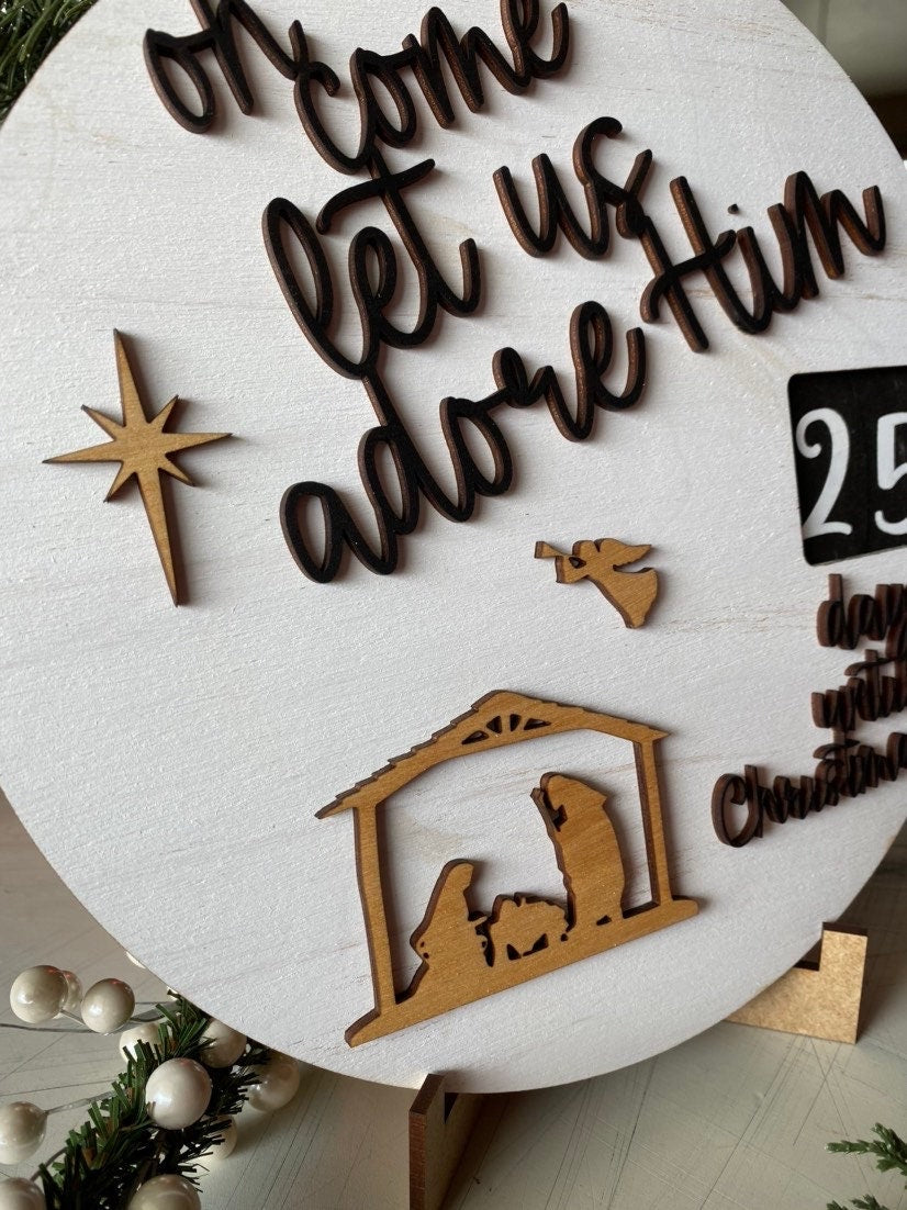 Oh come let us adore Him - Christmas countdown calendar with self-contained numbers - white black gold