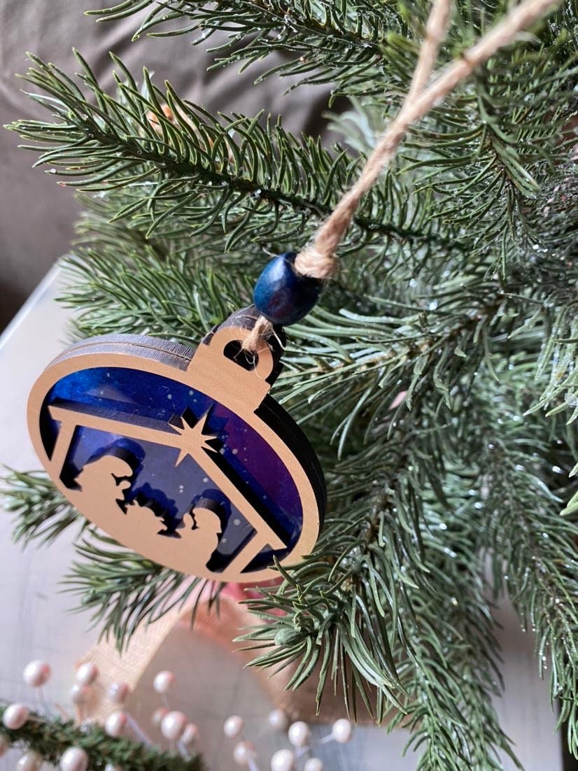 Navy and Natural double-sided nativity ornament - handmade round Christmas ornament